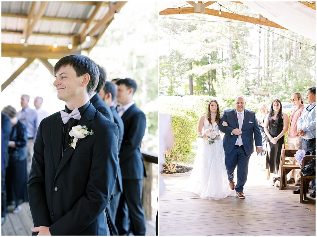 Groom looking on smiling as bride walks down the aisle