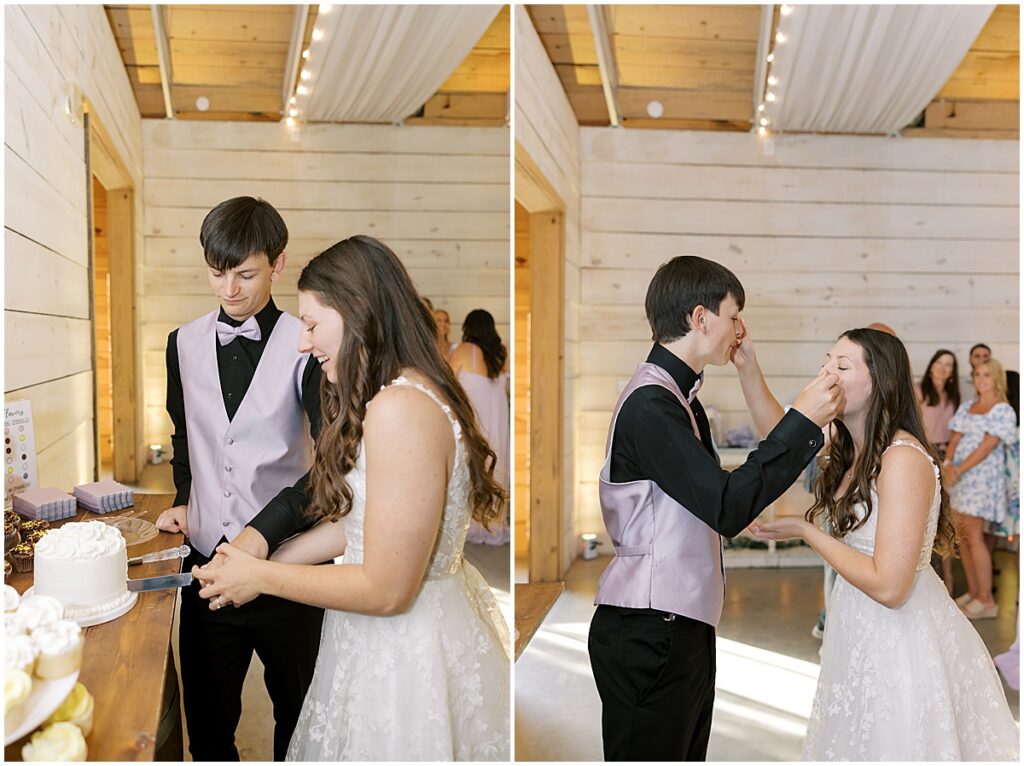 bride and groom cutting wedding cake and feeding each other