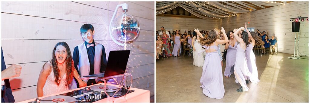 Bride and groom standing next to DJ and wedding guests dancing at wedding reception