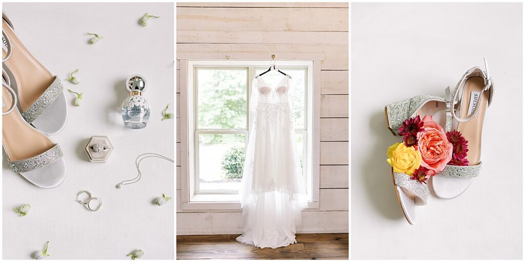 Wedding details including dress and florals