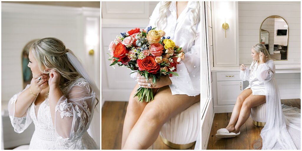 Bride getting ready for wedding and holding a colorful bouquet of florals