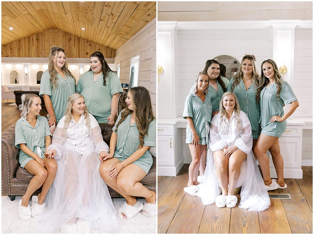 Bride with bridesmaids wearing sea green robes