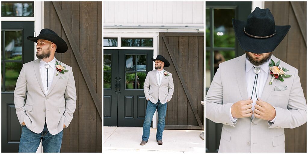 Groom dressed in modern cowboy style for rustic spring wedding