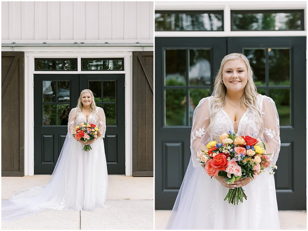 Bride holding colorful bouquet outside koury farms wedding venue