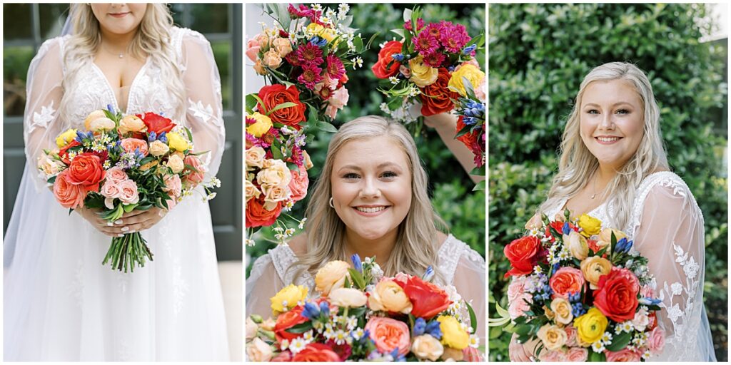 bride holding brightly colored florals for rustic spring wedding