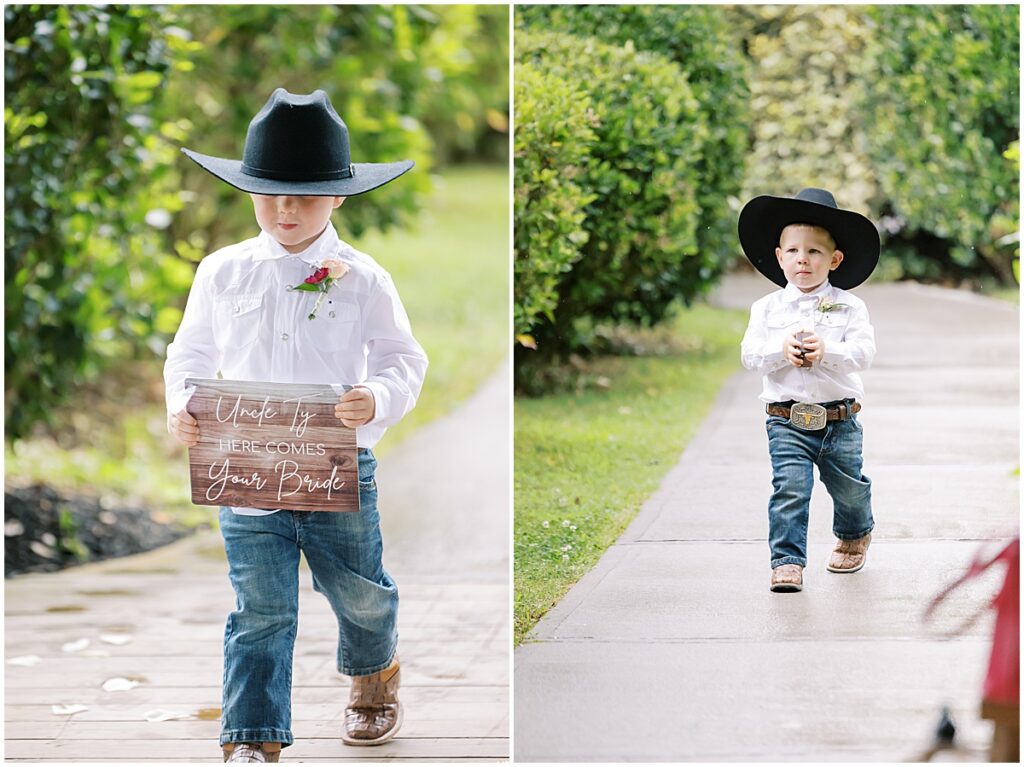 little cowboys carrying sign and ring box