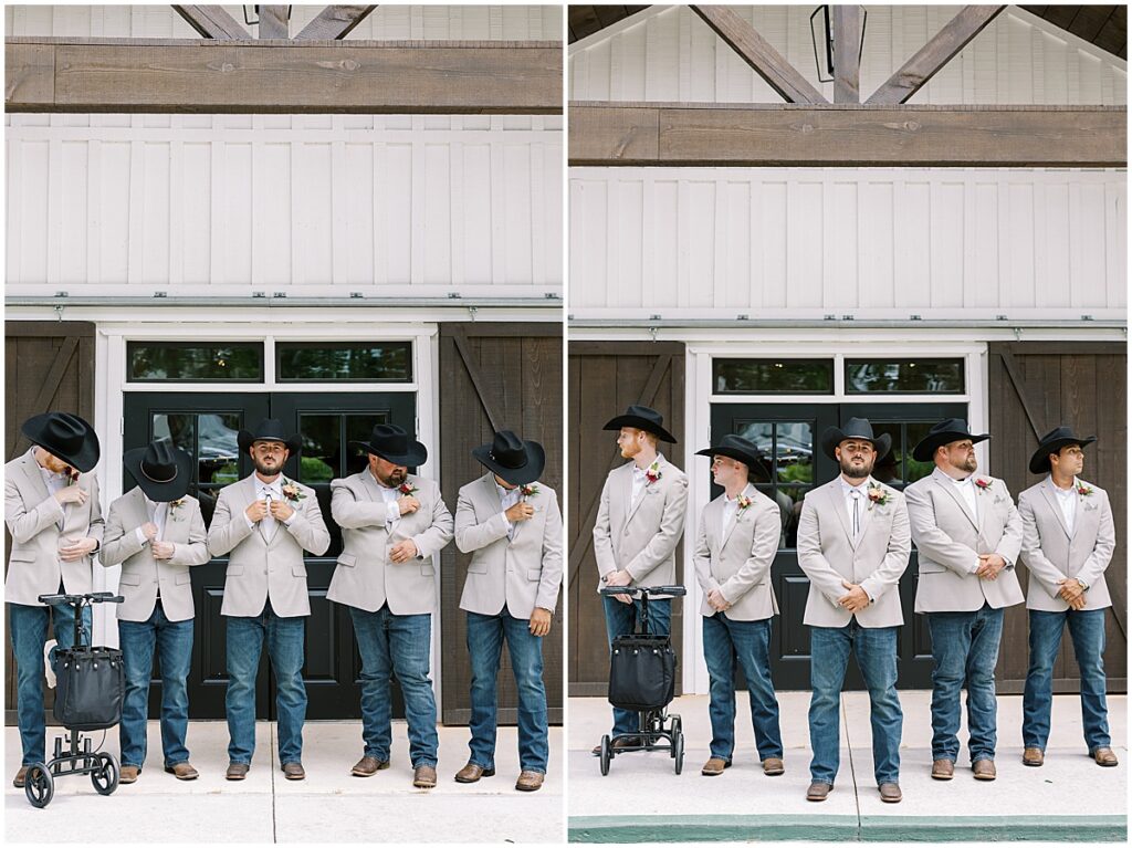 Groom with groomsmen all dressed in modern cowboy style