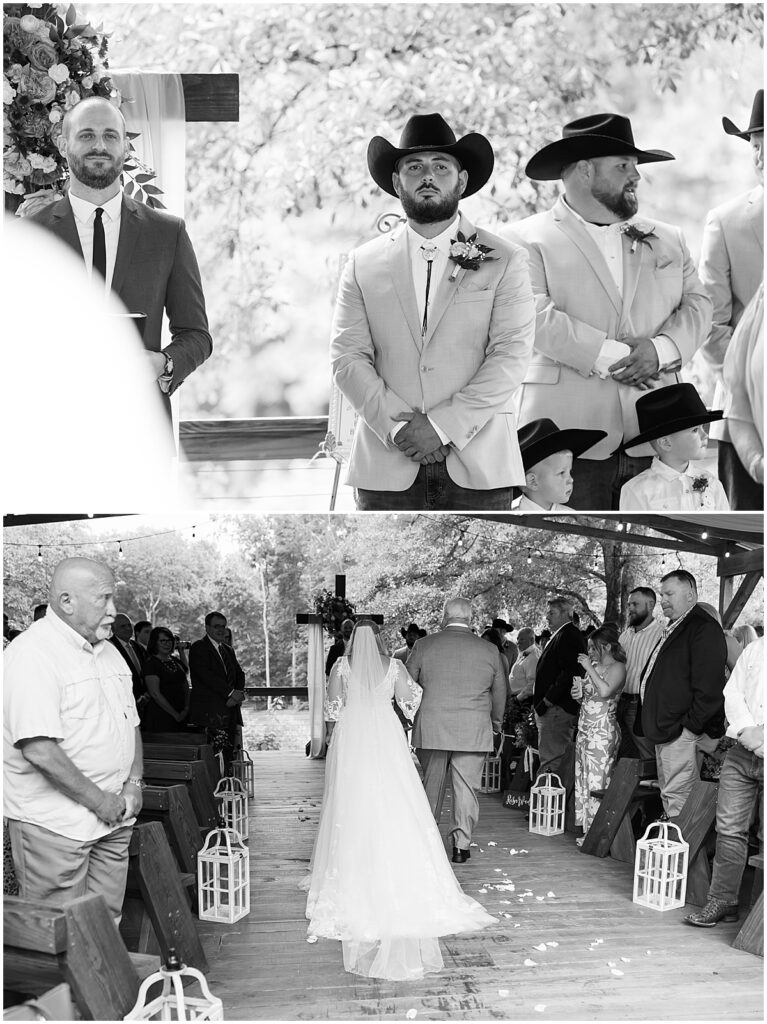 Groom wearing modern cowboy attire watching bride walk down the aisle