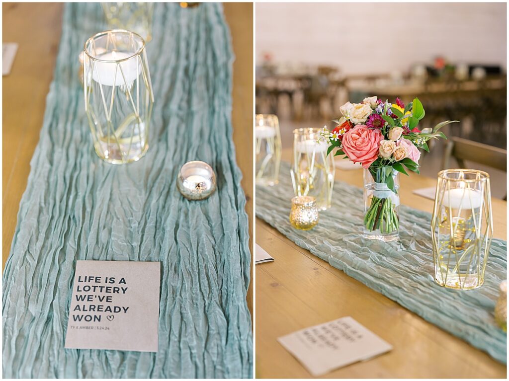 wedding decor including candles, florals and a lottery ticket for each guest