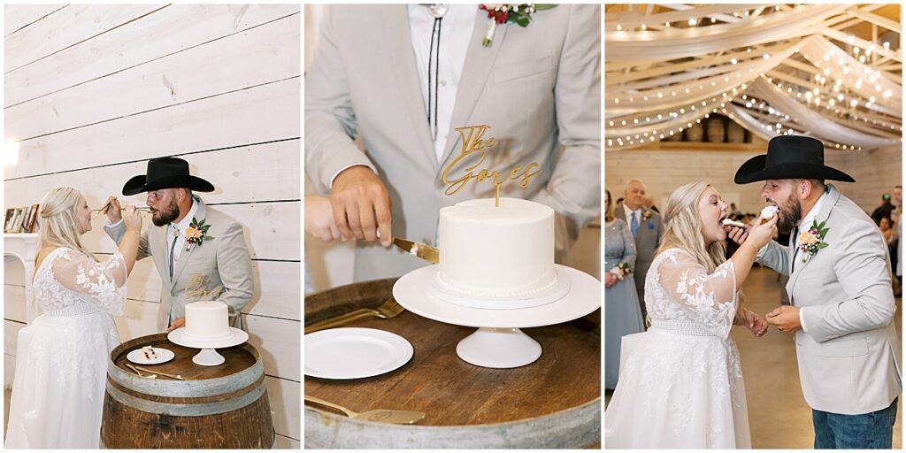 Bride and groom cutting the wedding cake and feeding each other