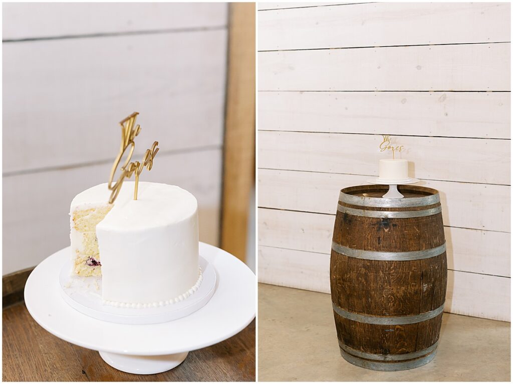 Wedding cake set upon a rustic barrel