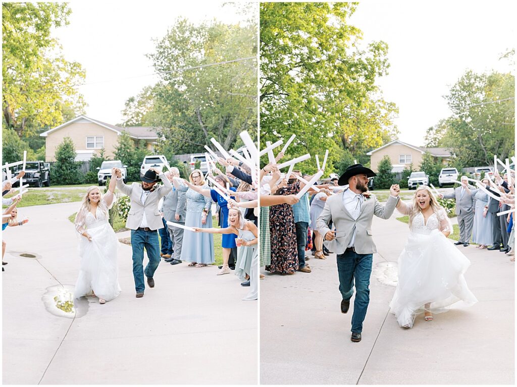 bride and groom wedding exit with glow sticks