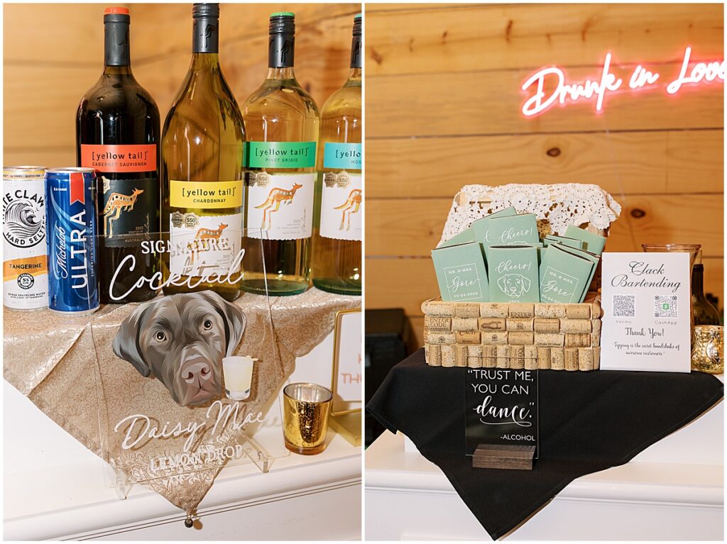 Signature cocktail signage with bottles of wine and drink coozies