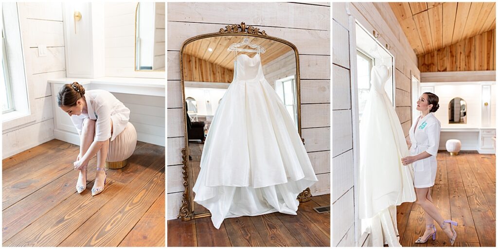 Bride putting on shoes and looking at dress at Succulent inspired wedding at Koury Farms