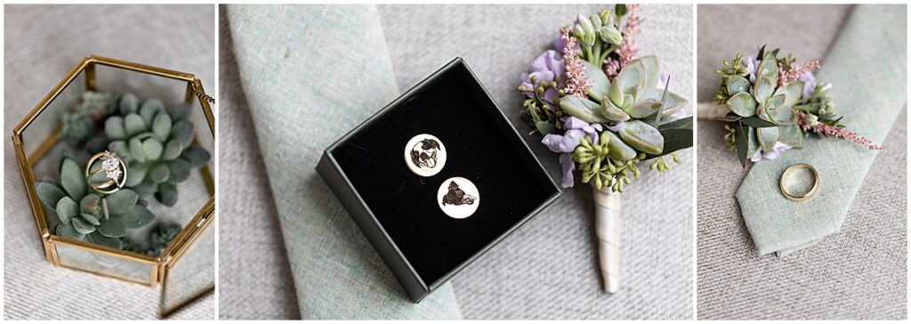 Succulents with wedding details including cuff links and tie