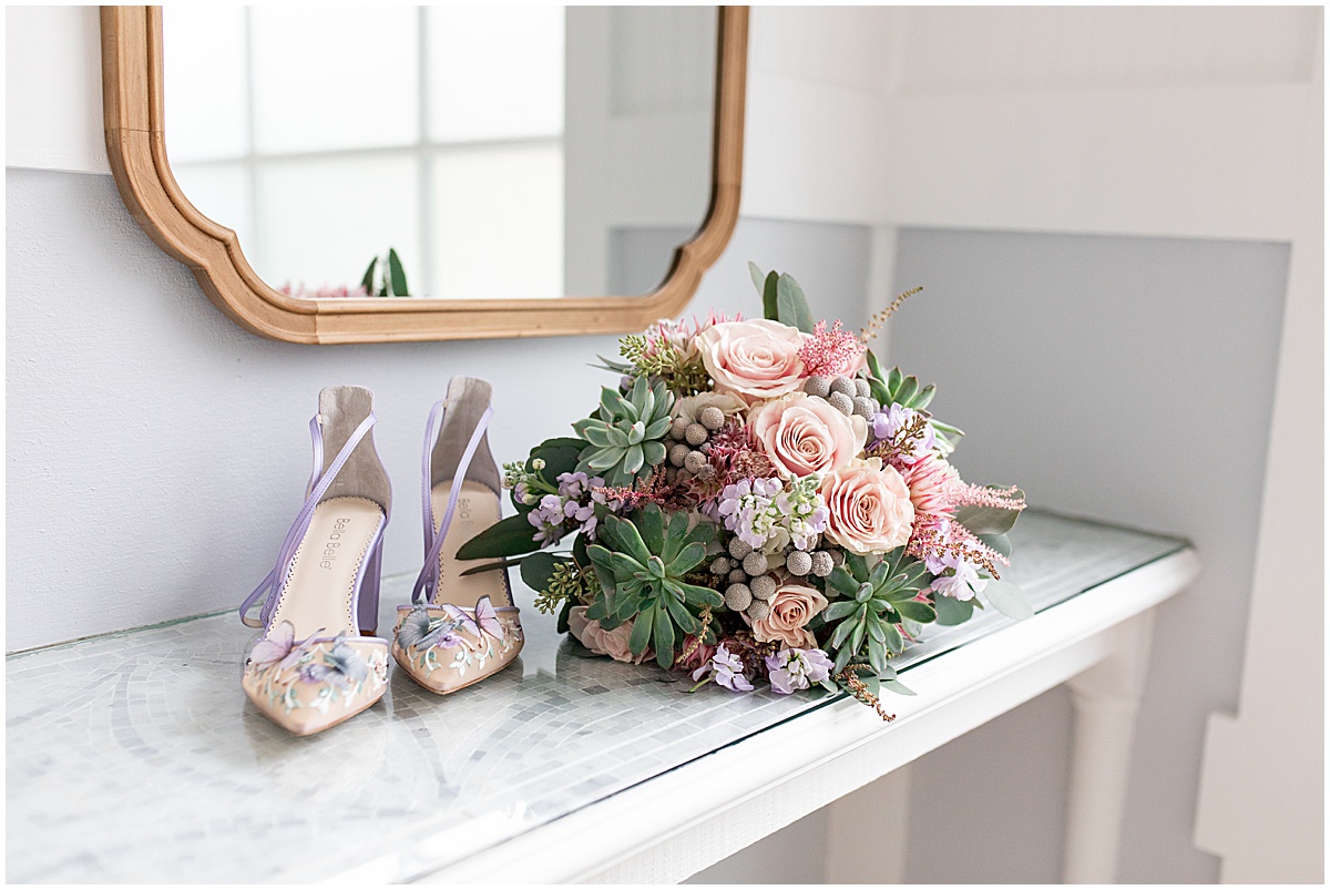 wedding shoes and succulent inspired wedding bouquet