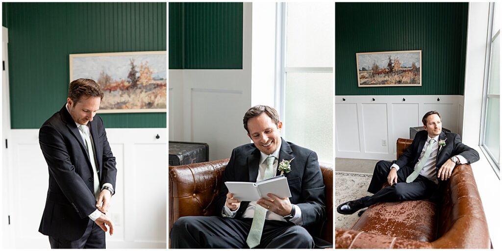 Groom reading note in Grooms room at Koury Farms