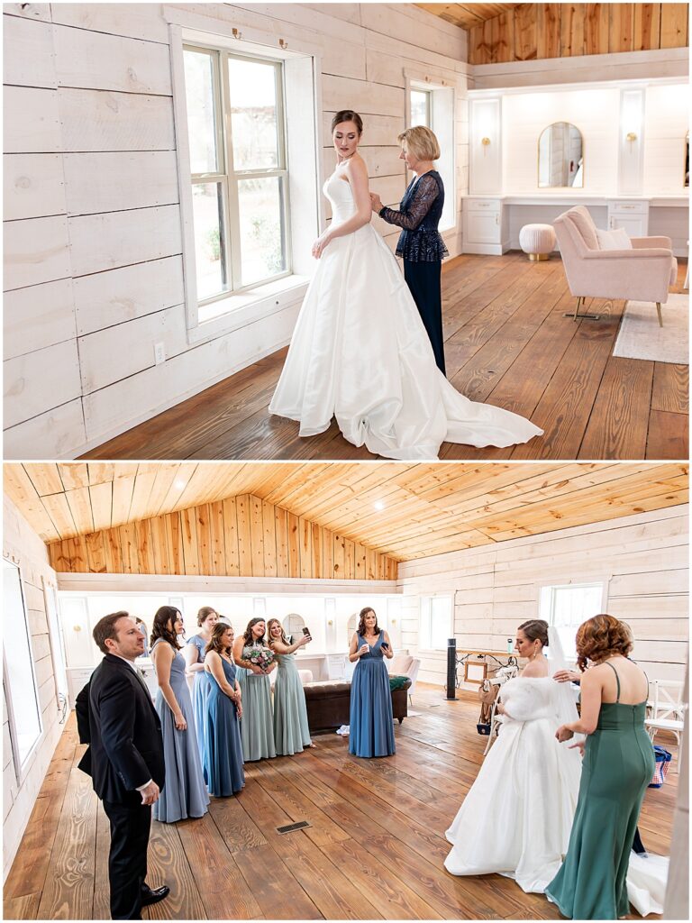 Bride having dress altered and showing her bridesmaids