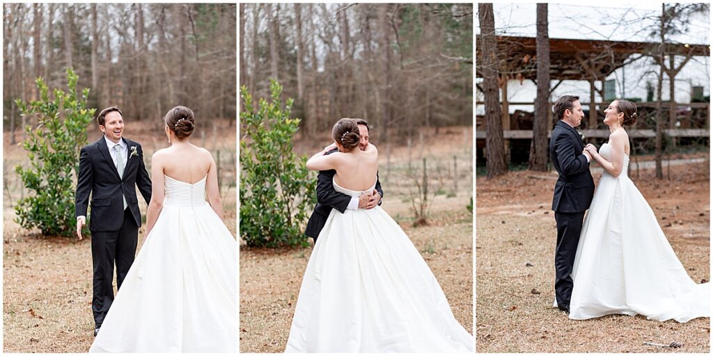 Bride and groom first look at Koury Farms wedding venue