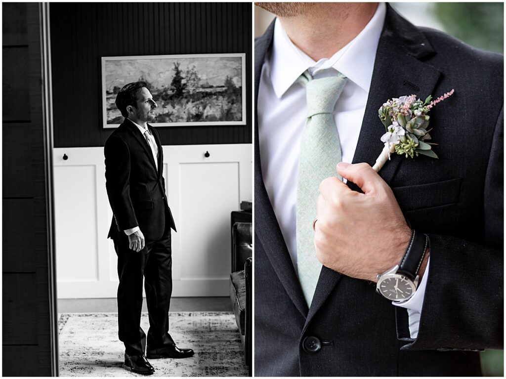 Groom before wedding and close up of succulent boutonniere