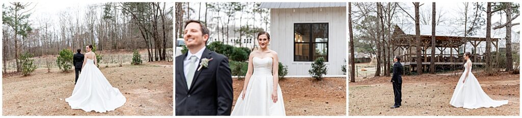 Bride and groom first look in the grounds of Koury Farms wedding venue