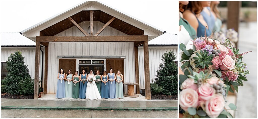 Bridal party outside Koury Farms main venue and close up of succulent inspired wedding bouquets