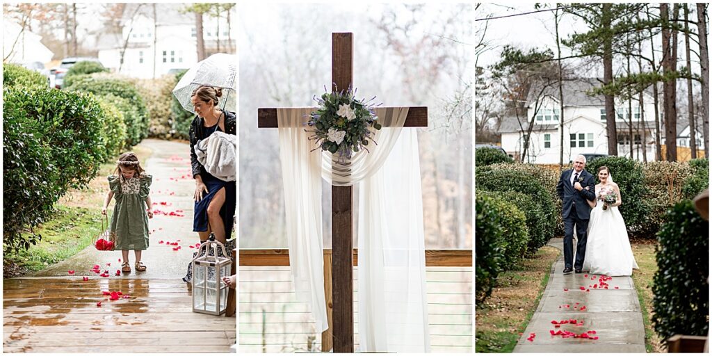 wedding ceremony cross, rose petals scattered by flower girl as bride walks down the aisle