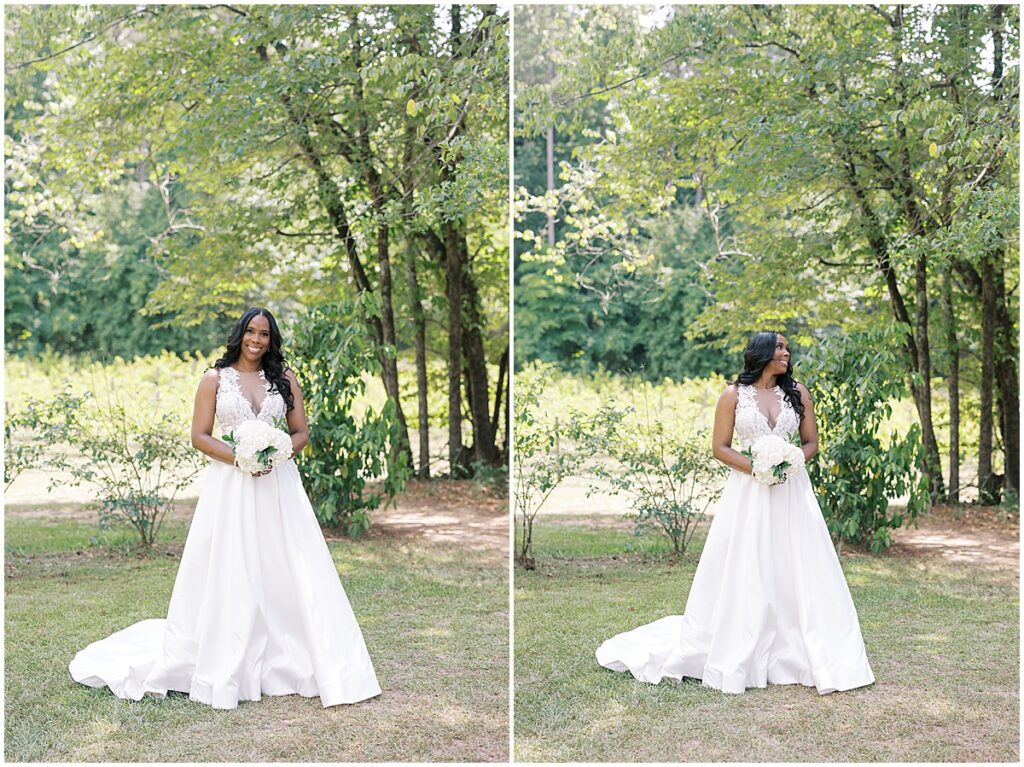 Bridal portraits in the woodland area at Koury Farms