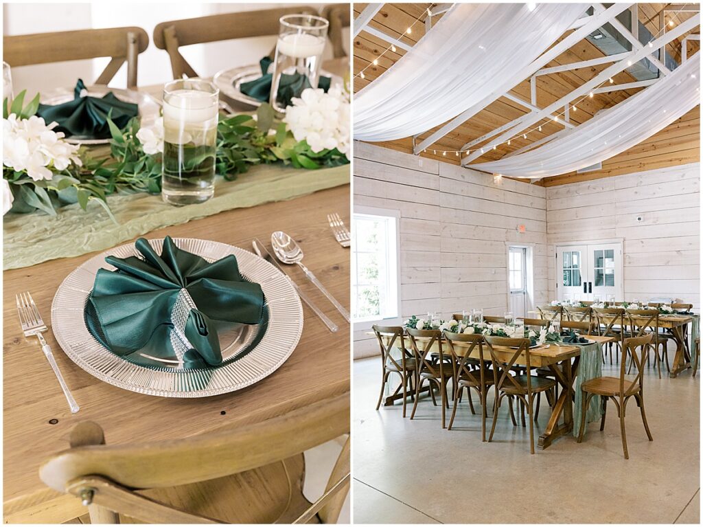 Wedding reception at Koury Farms with emerald green details