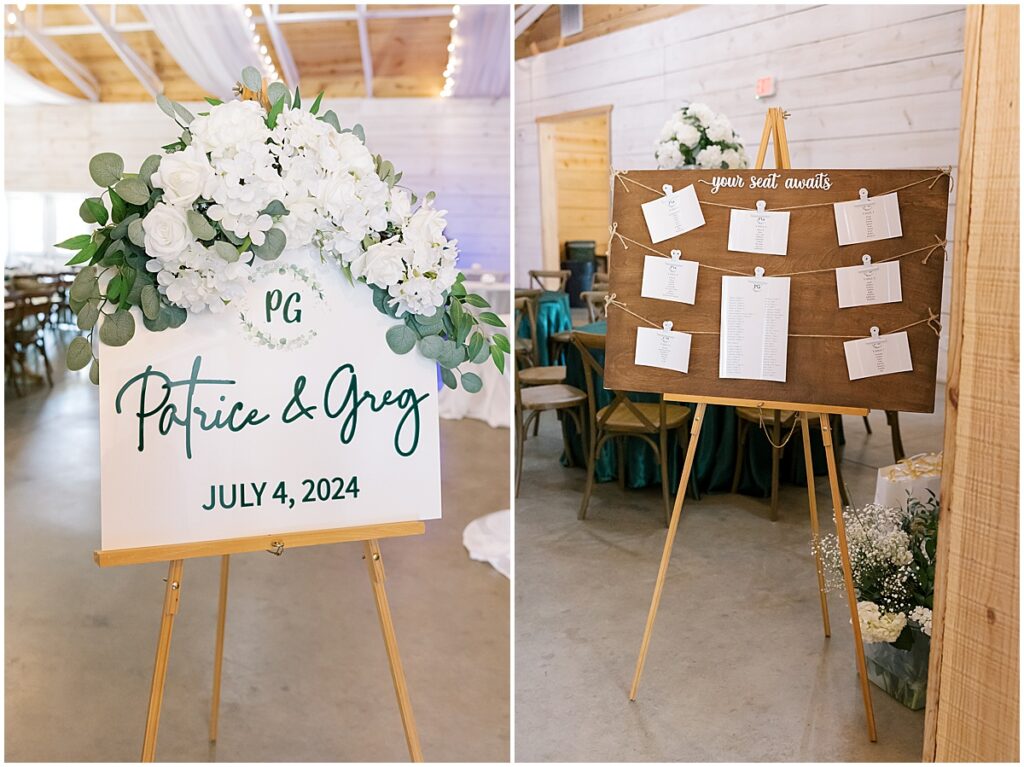 Wedding signage and seating chart at Emerald green wedding at Koury Farms 