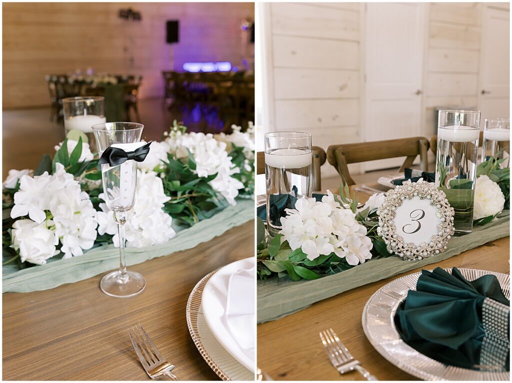 Table decor for emerald green wedding at Koury Farms