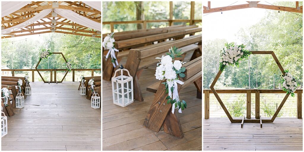 wedding ceremony decor at emerald green wedding at Koury Farms