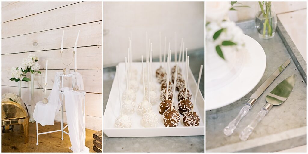 cake pops and wedding decor for wedding reception at Koury Farms