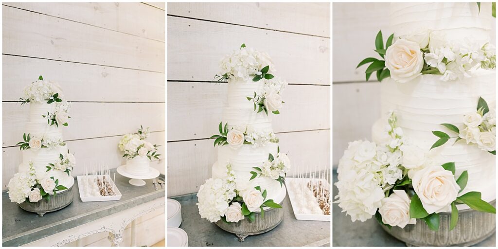 Wedding cake decorated with white roses and hydrangeas