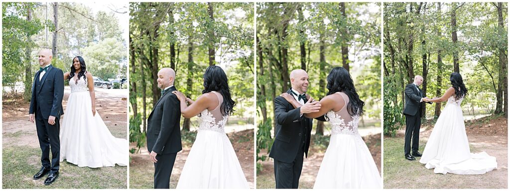 First look of bride and groom by wooden area at Koury Farms