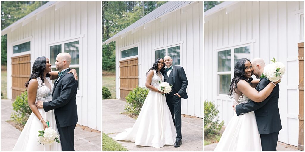 Couple portraits outside white barn wedding venue, Koury Farms