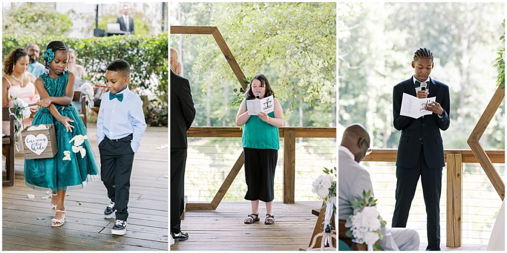 Flower girl, ring bearer and young children giving readings at emerald green wedding, Koury Farms