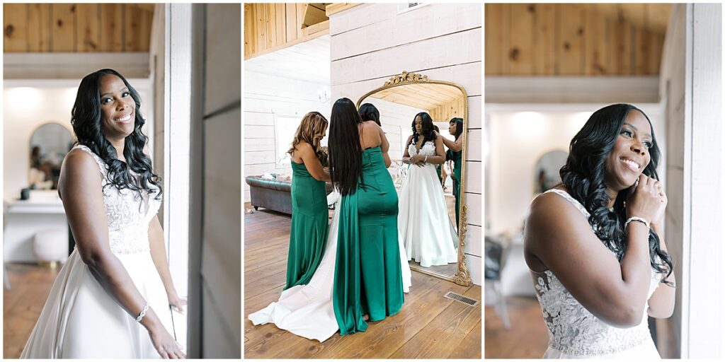 Bride getting ready for emerald green wedding at Koury Farms