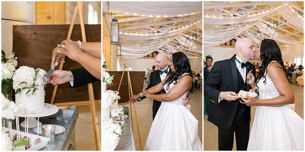 Bride and groom cutting cake at Koury Farms wedding venue