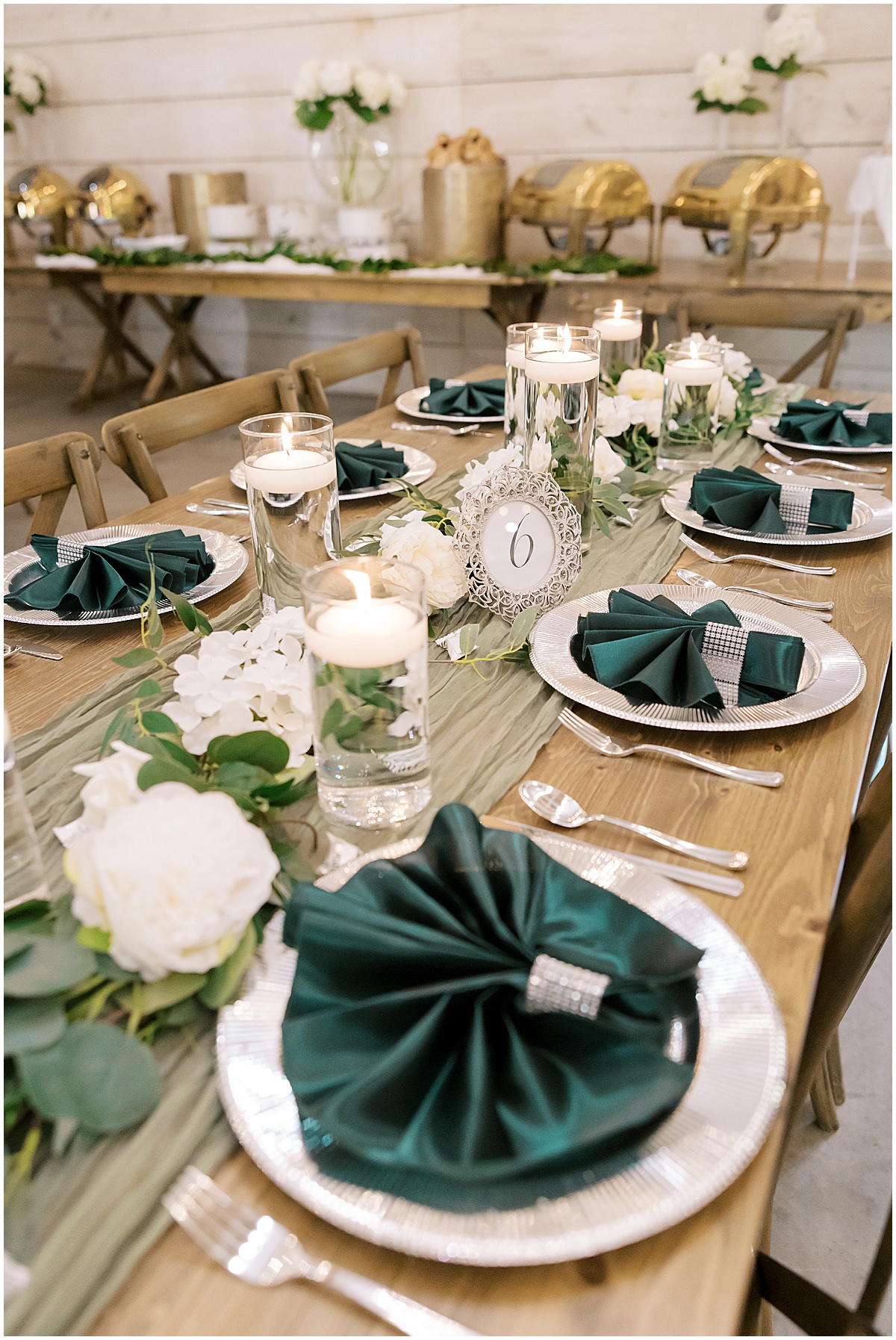 Emerald green wedding decor at Koury Farms