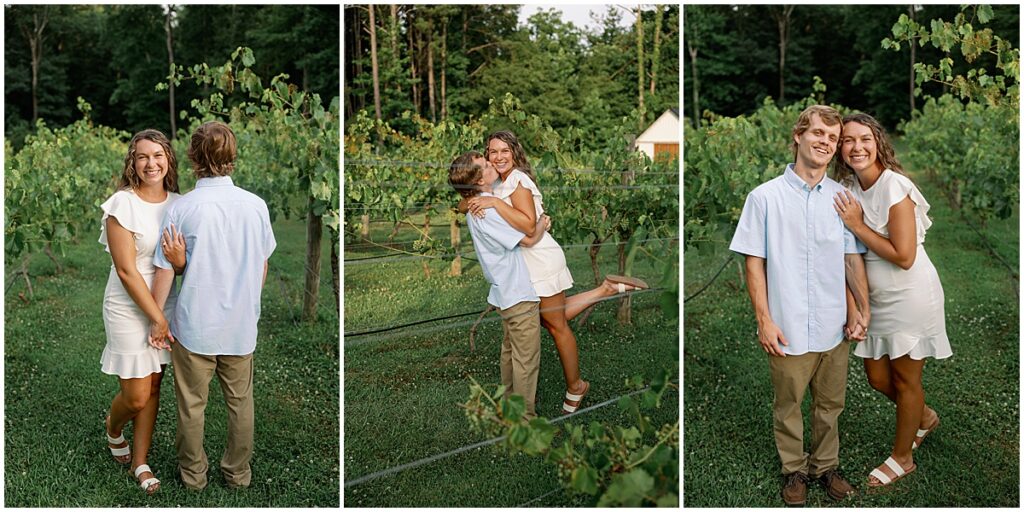 Couple posing for engagement photos amongst the vineyards at Koury Farms