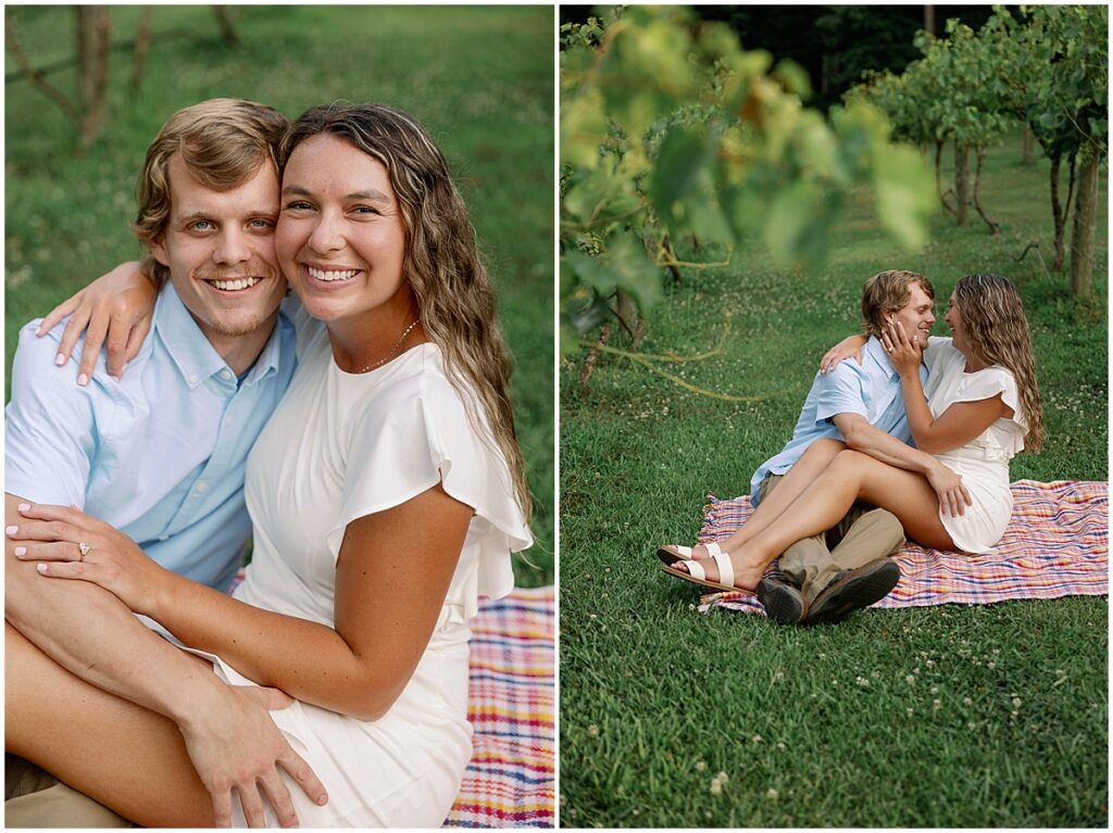 Couple sitting on a blanket amongst the vineyards at Koury Farms