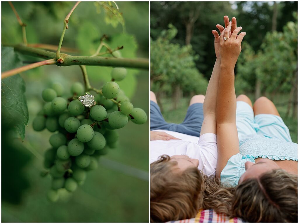 Engagement ring set between green grapes and couple laying down holding hands in the air