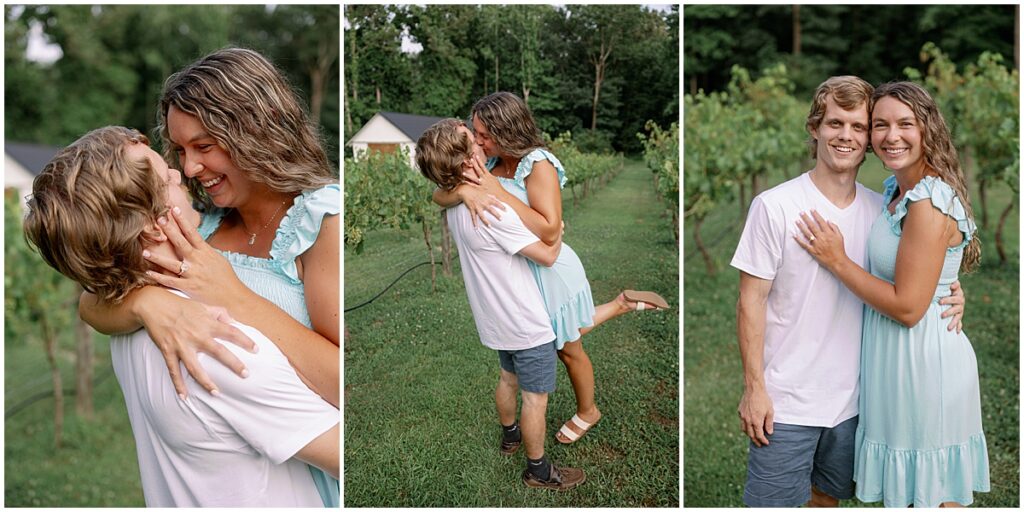 Couple posing for engagement photos amongst the vineyards at Koury Farms