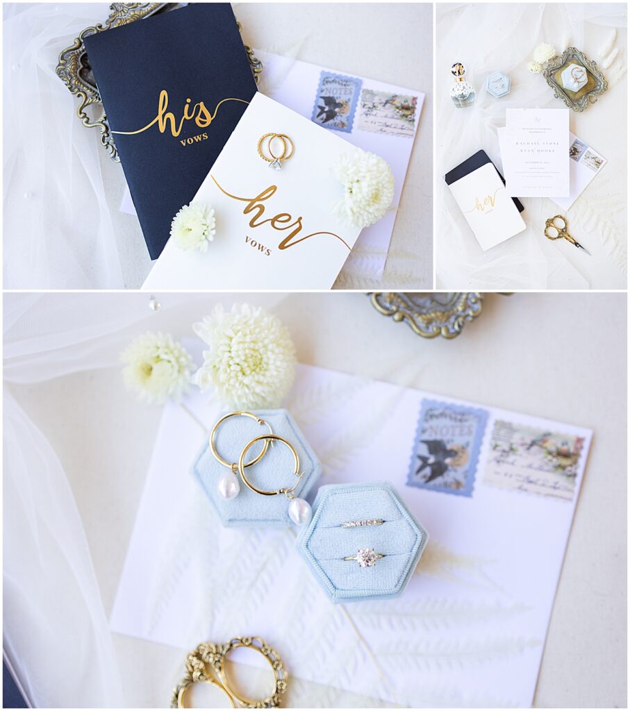 Wedding details including rings and vow books