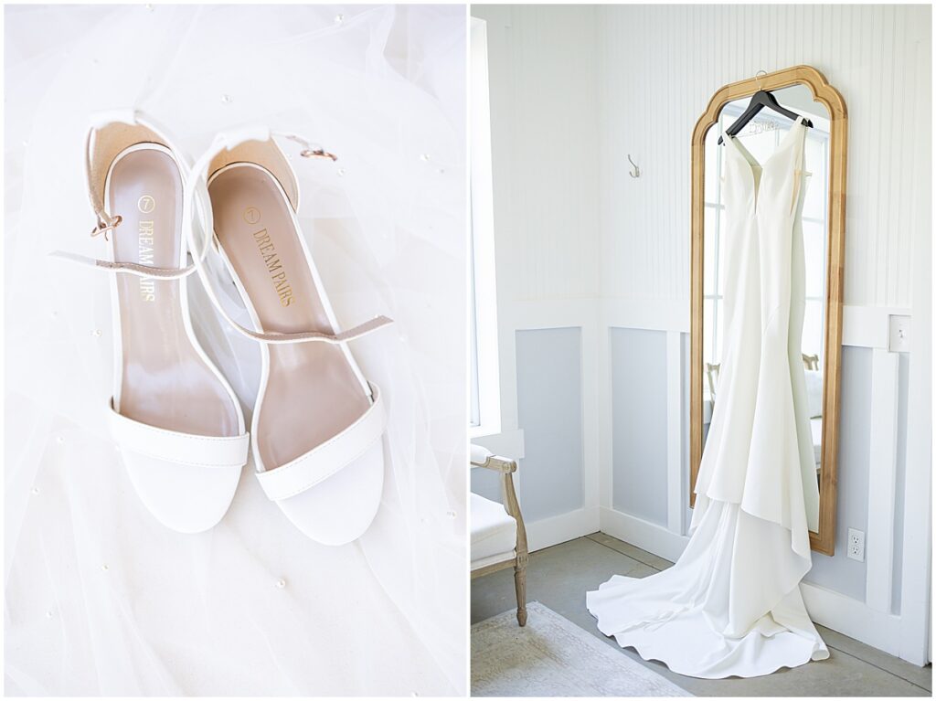 Wedding dress and bridal shoes hanging up for neutral wedding color palette wedding