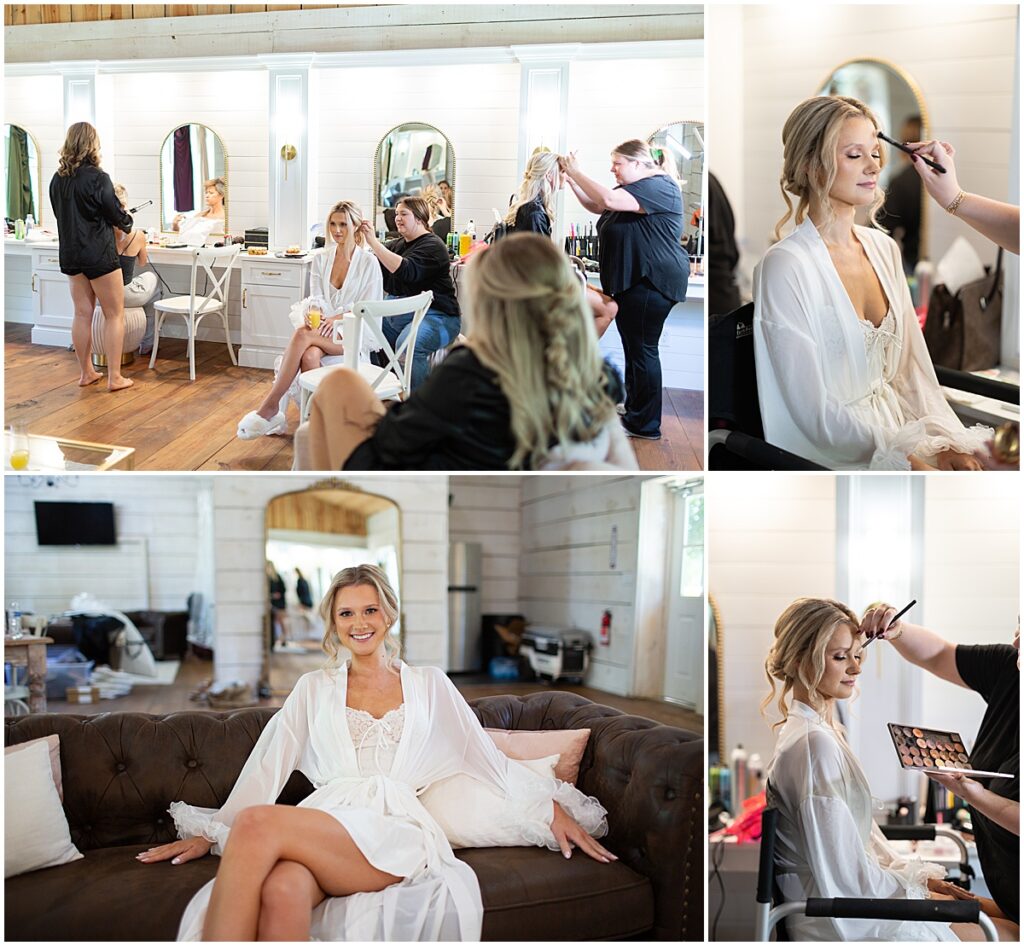 Bride having make-up and hair done for a wedding at Koury Farms