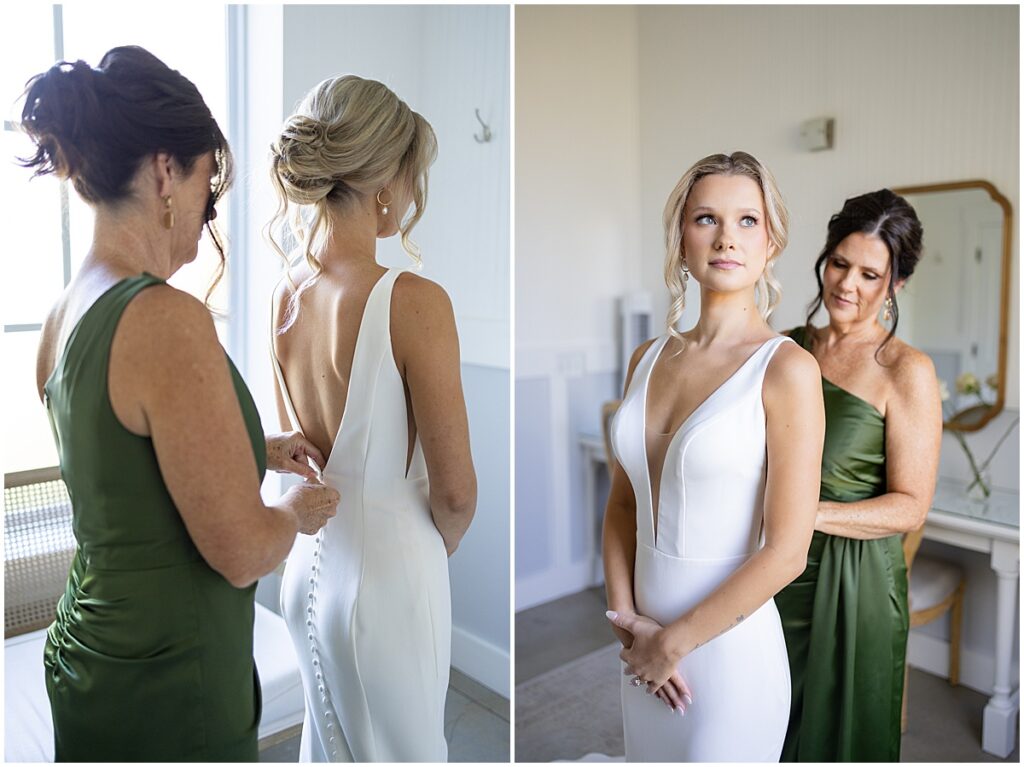 Bride getting in dress for wedding at Koury Farms