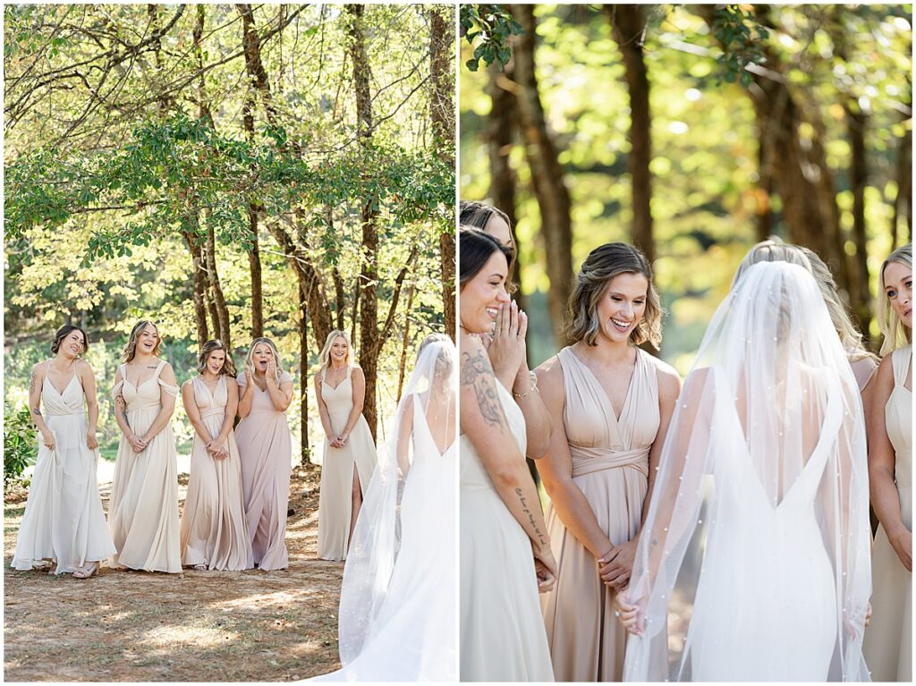 Bride first look with bridesmaids at neutral wedding color palette wedding at Koury Farms