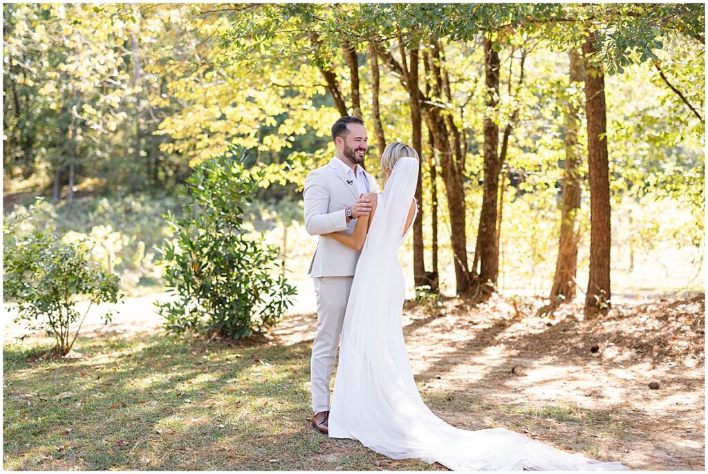 Bride and groom after first look at Koury Farms